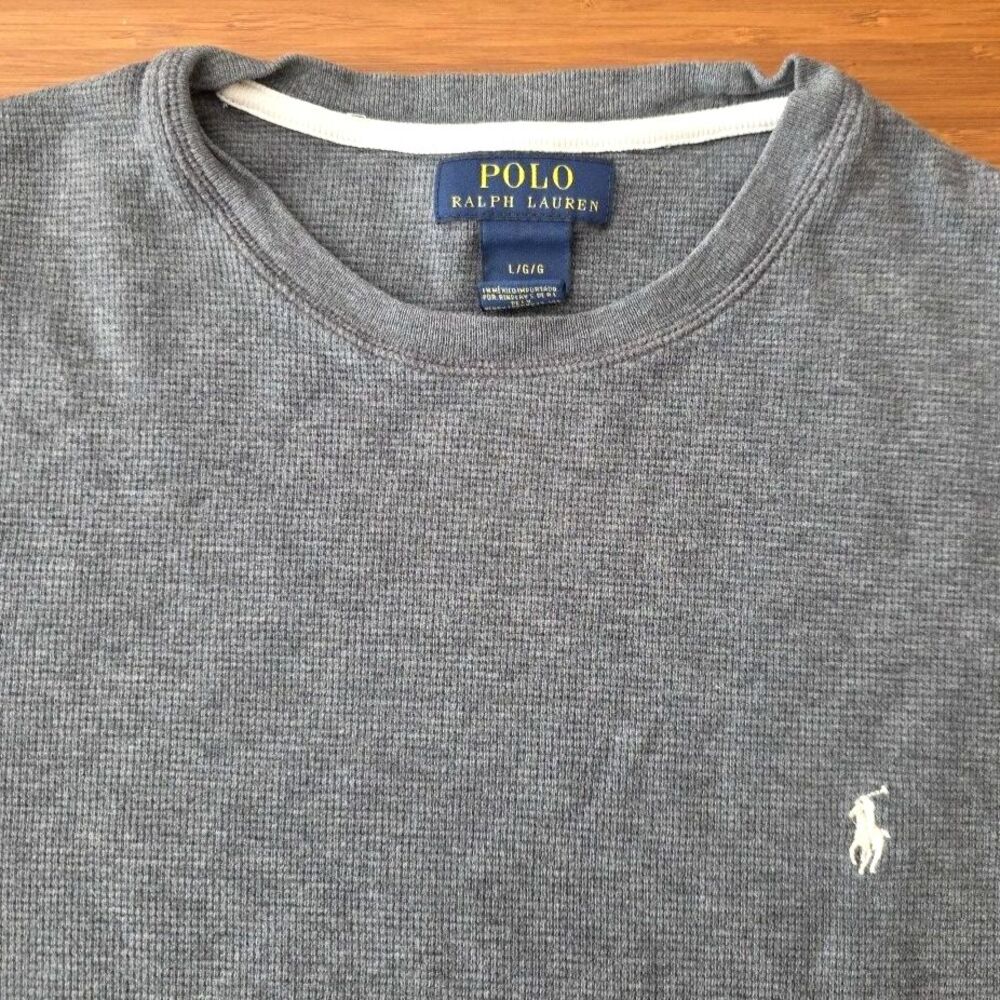 Polo Ralph Lauren Thermal Waffle Knit Long Sleeve Gray Shirt L Cotton Preppy EUC